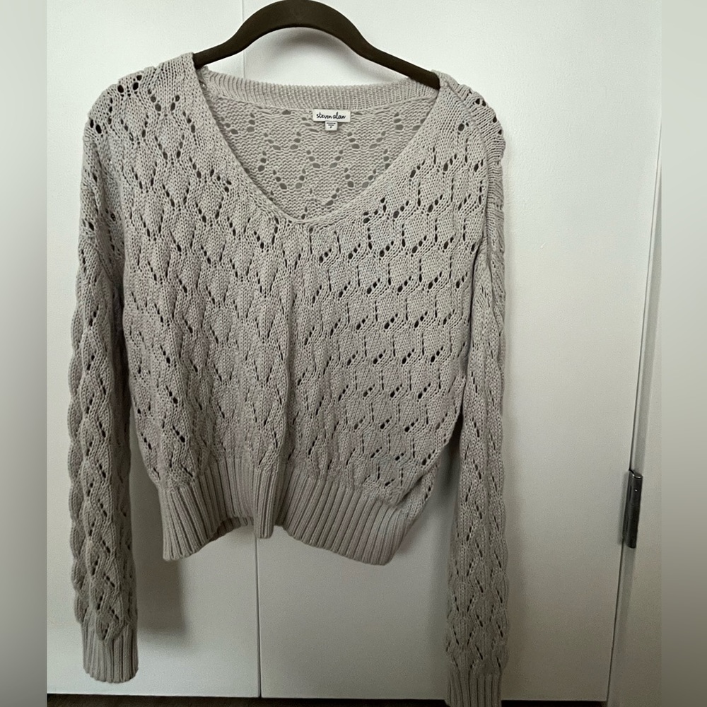 Steven Alan Light Gray Open-Knit V-Neck Sweater